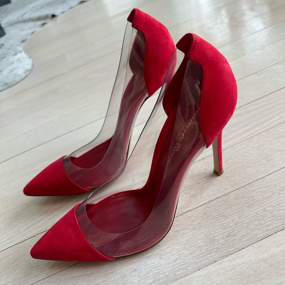 Gianvito Rossi Red Suede and PVC Plexi Pump Size 37.5 - Picture 4 of 8
